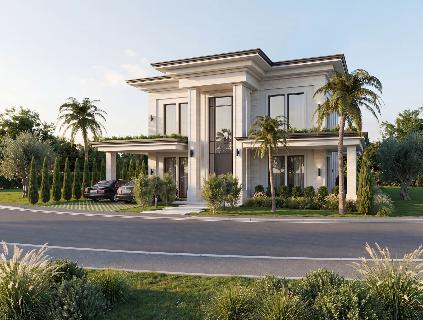 11 modern two story house palm trees lawn